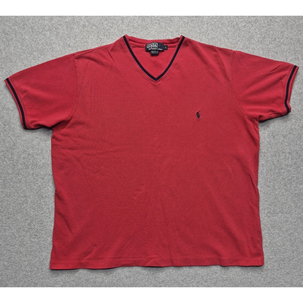 Polo Ralph Lauren Shirt Mens L Red V-Neck Navy Trim Pony Logo Cotton Preppy